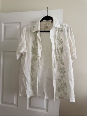 White Short-Sleeve Embroidered Button-Up shirt